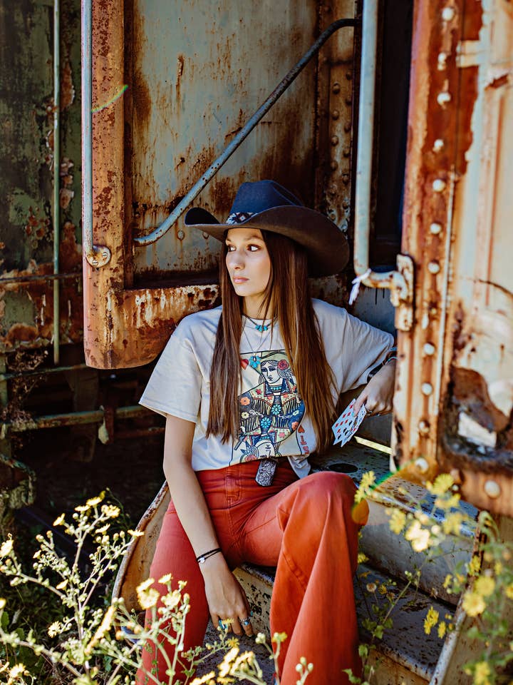 Wild Card Western Cowgirl graphic T-shirt for wholesale by Midwestern Wildflower