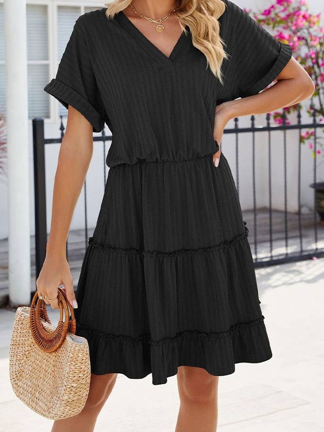 Plain Textured V Neck High Wasit Ruffles Dress HLL176 for wholesale by UNISHE