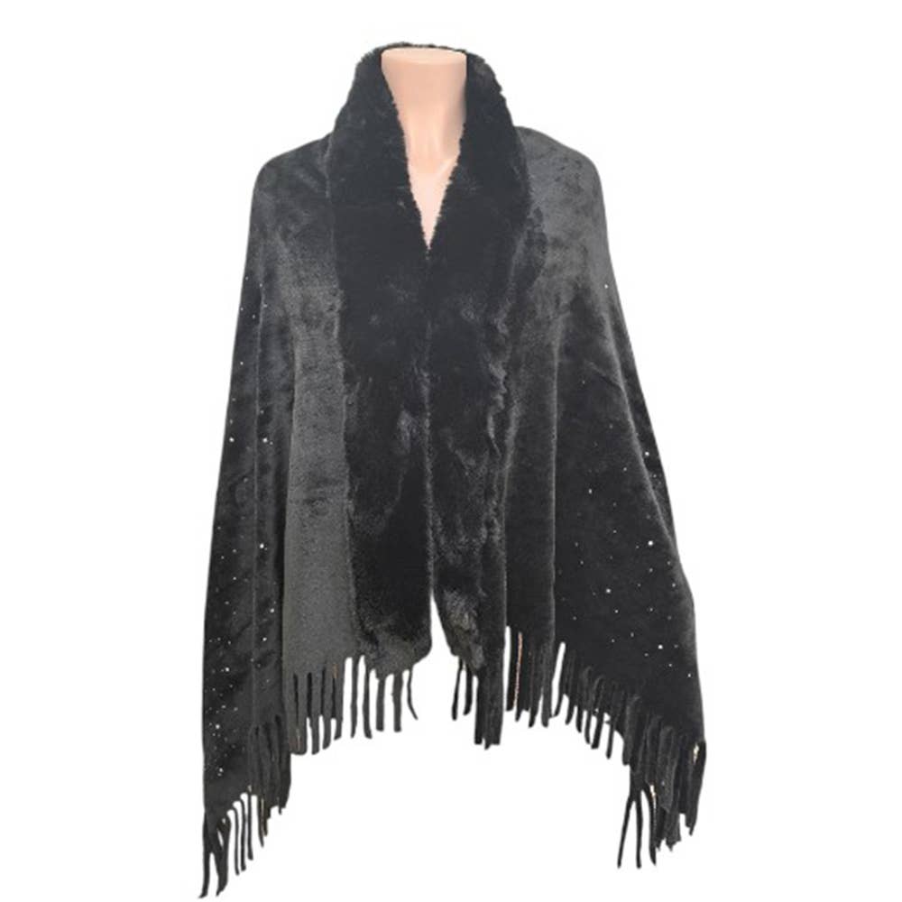 Sensibling Corp. - Vente Poncho – femme - Poncho à franges orné de strass en fausse fourrure1
