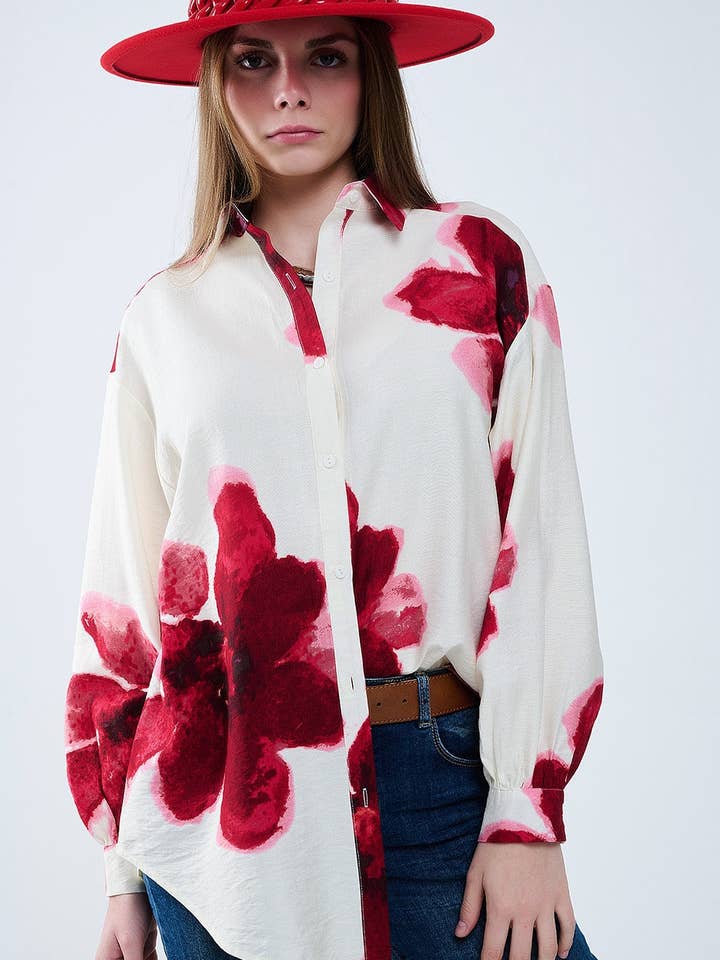 Relaxed Shirt in Beige With Red Tropical Flower Print in Red for wholesale by Q2—All Orders:Free Duties for the US,UK,and Canada