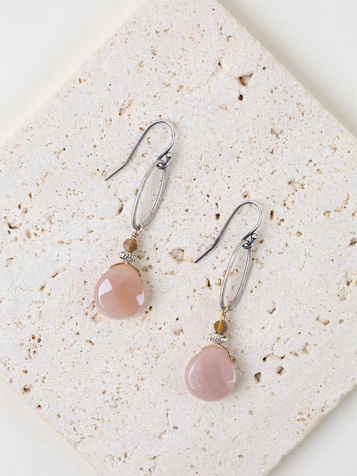 Namaste Crystal, Peach Moonstone Dangle Earrings for wholesale by Anne Vaughan Designs Jewelry