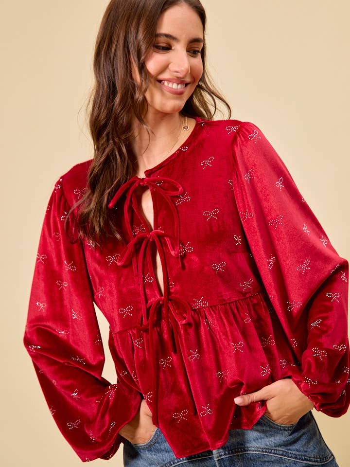 Holiday Christmas Ribbon Embellished Velvet Top for wholesale by Vanilla Monkey