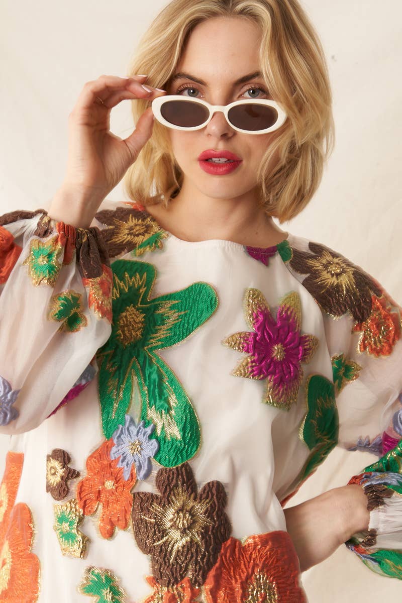 En Crème - Wholesale Dress - Women's - Bubble Sleeve Floral Organza Mini Dress7