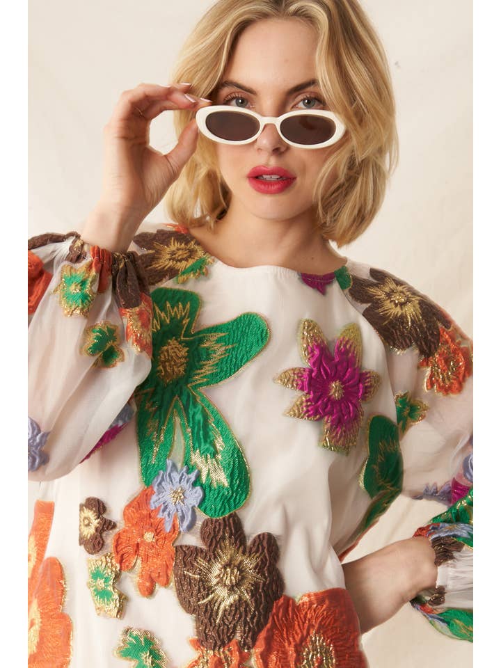 En Crème - Wholesale Dress - Women's - Bubble Sleeve Floral Organza Mini Dress7