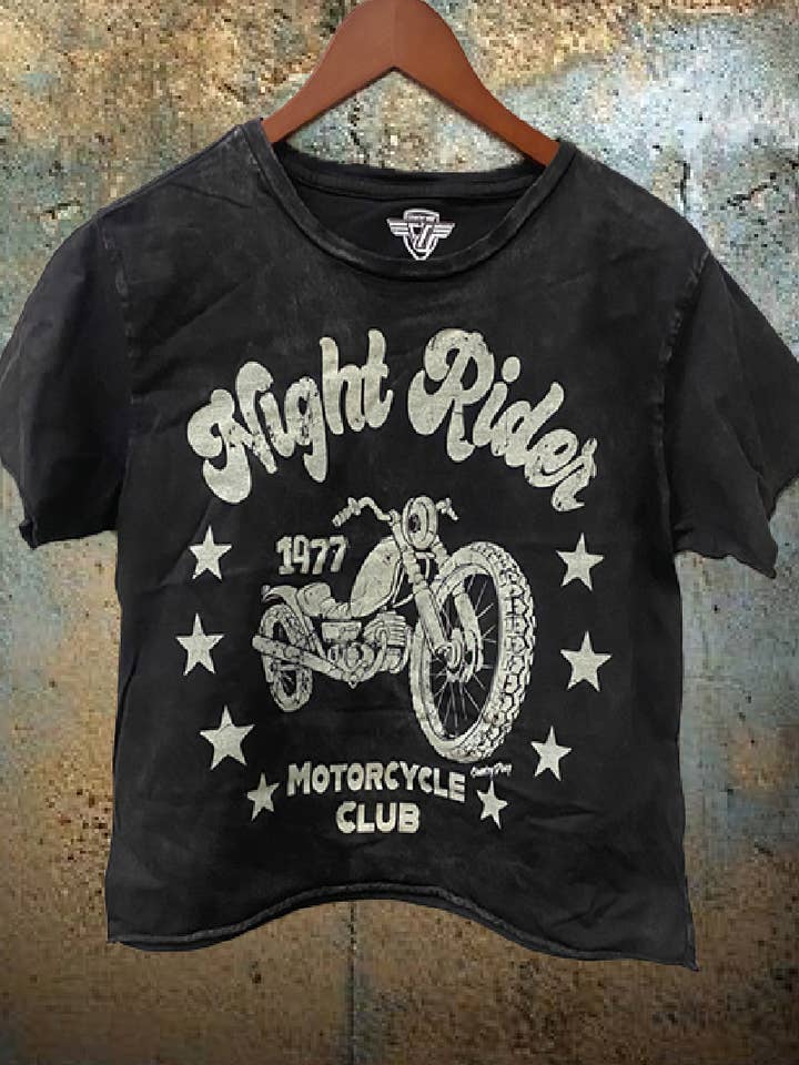 Night Rider 1977 Motorcycle Club regular Cropped Acid wash T-shirt for wholesale by Country Deep Apparel