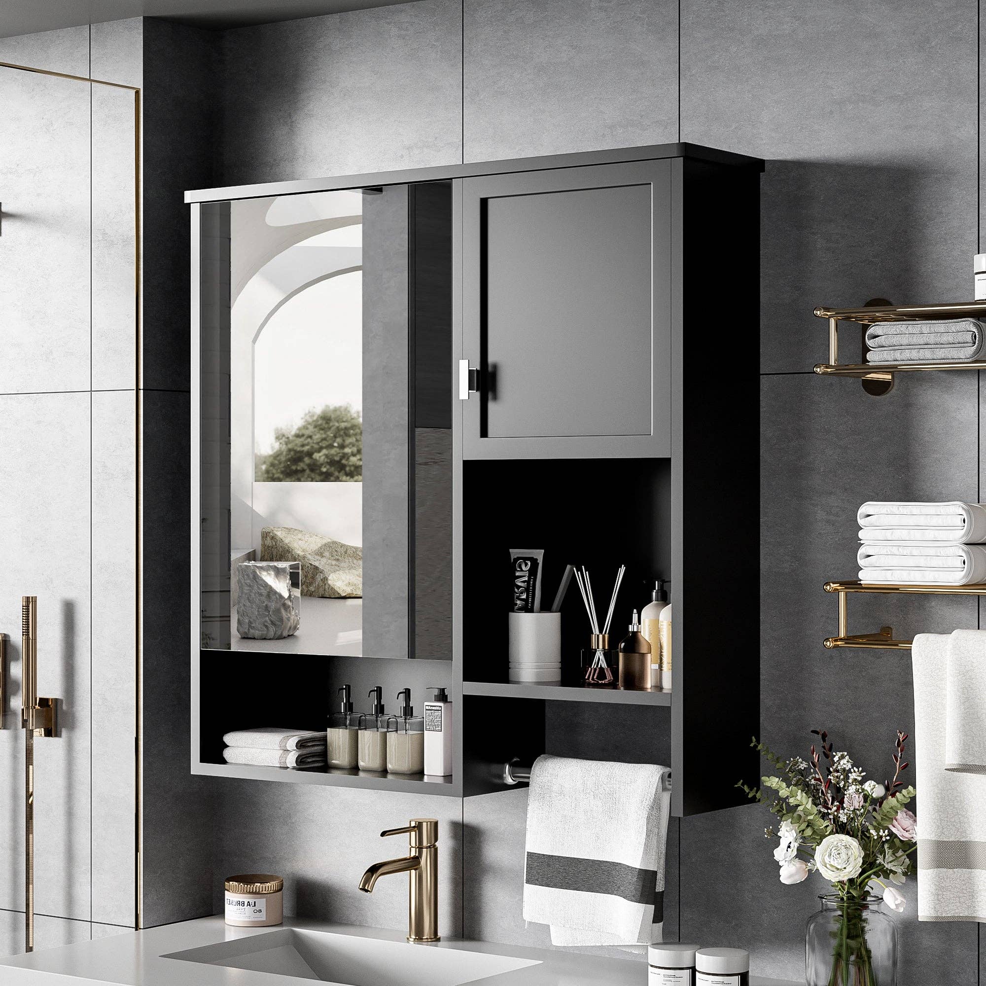 39F Inc. - Vente Armoire - Armoire de salle de bain murale noire avec miroir, 29x28 pouces4