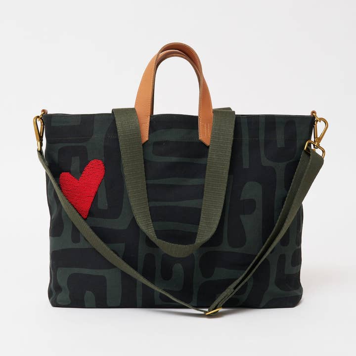 Carryall Bag - Safari Kuba with Red Beaded Heart for wholesale by Ubuntu Life