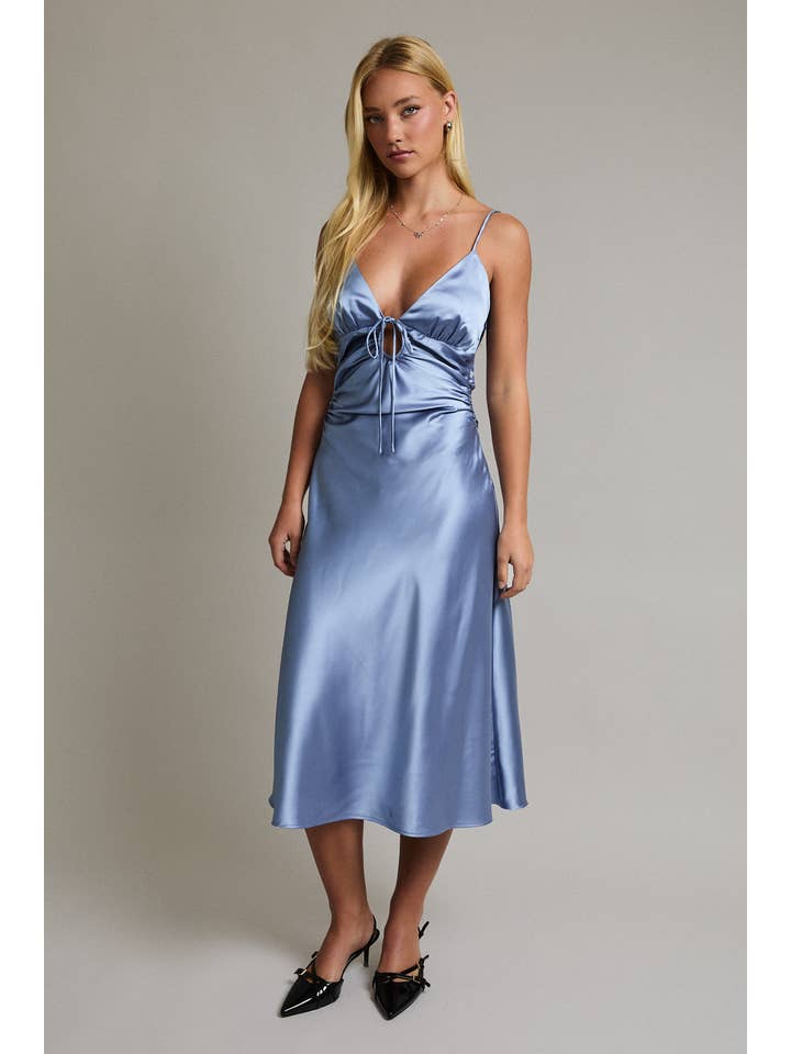 DUSTY BLUE SATIN CUT OUT MIDI DRESS for wholesale on Faire2