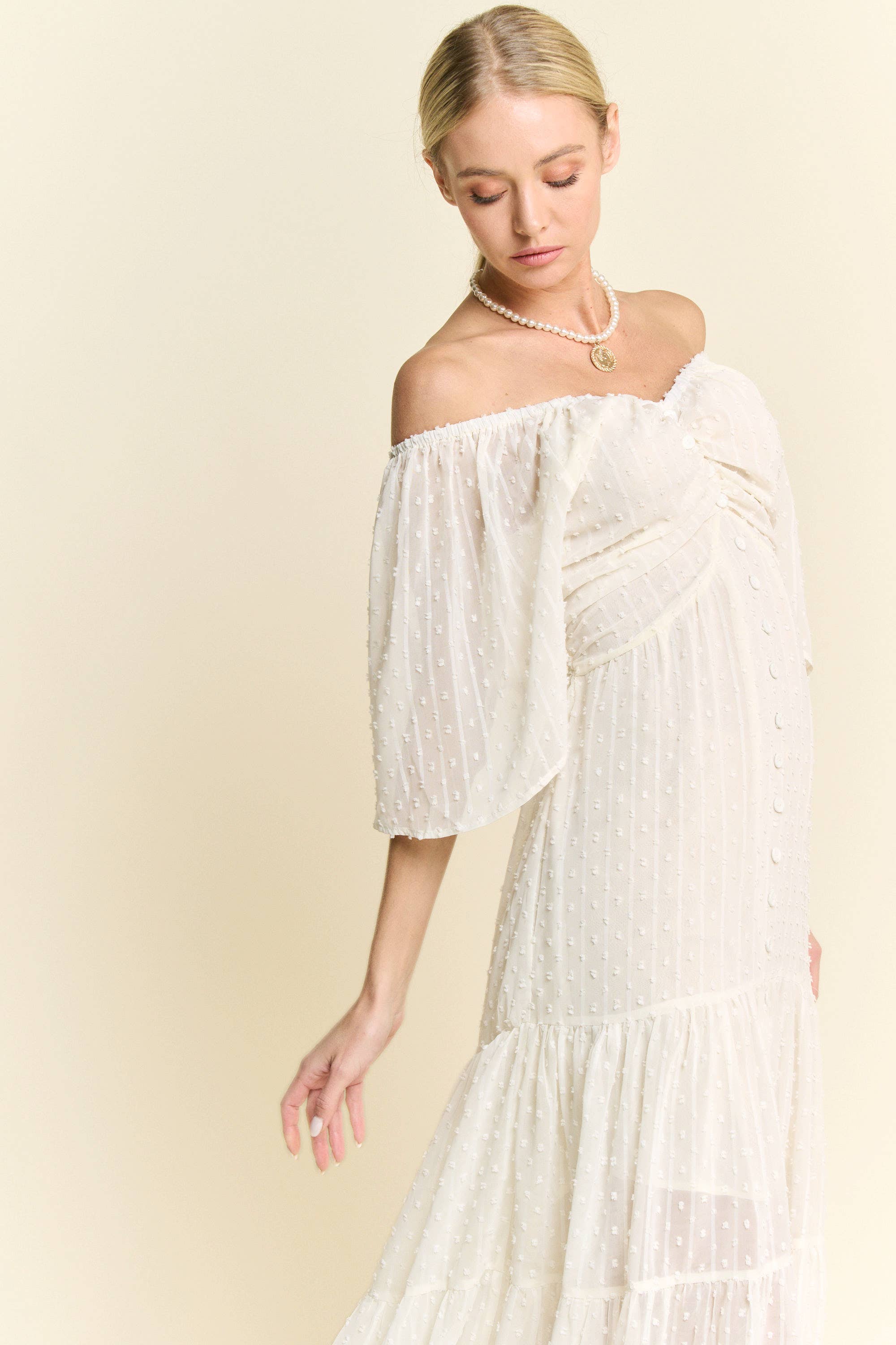 Davi & Dani – wholesale Dress – Women's – SWISS DOTTED RUCHED RUFFLE OPEN BACK MIDI DRESS4