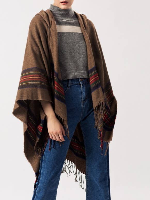 Rosa Clothing - Wholesale Poncho - Women's - Striped Thermal hooded Ruana Shawl with Tassel details8