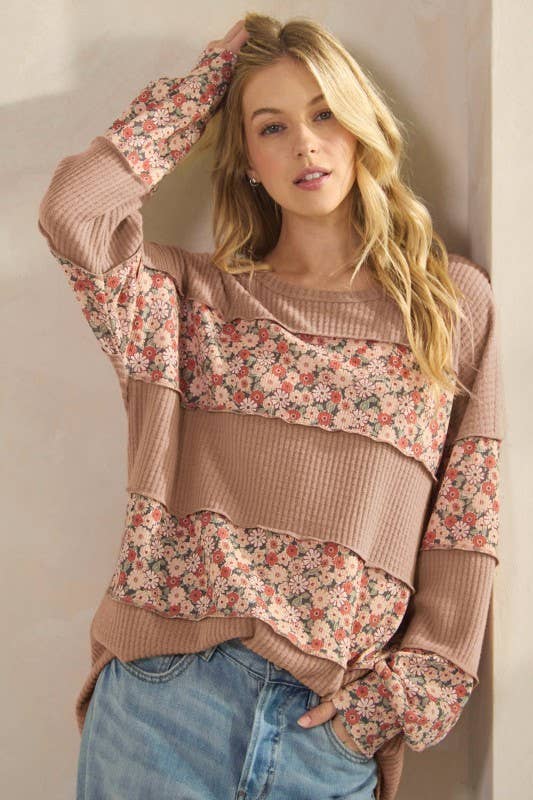 SENNEP T4479HE11-Solid og Blomstret Kontrast Langærmet Top for engroshandel på Faire1