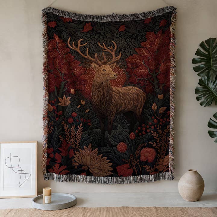 CasaIuliia - Wholesale Throw Blanket - Majestic Deer Blanket – Gothic Botanical Autumn Tapestry