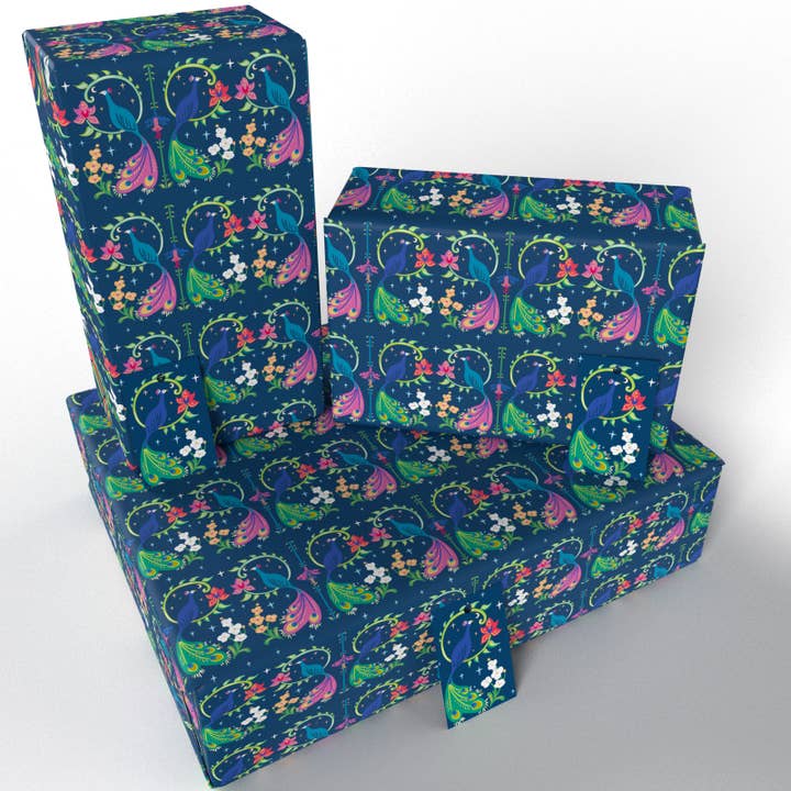 Re-wrapped - Wholesale Flat Wrap - Purple Peacocks Wrapping Paper • ECO Friendly • UK Made