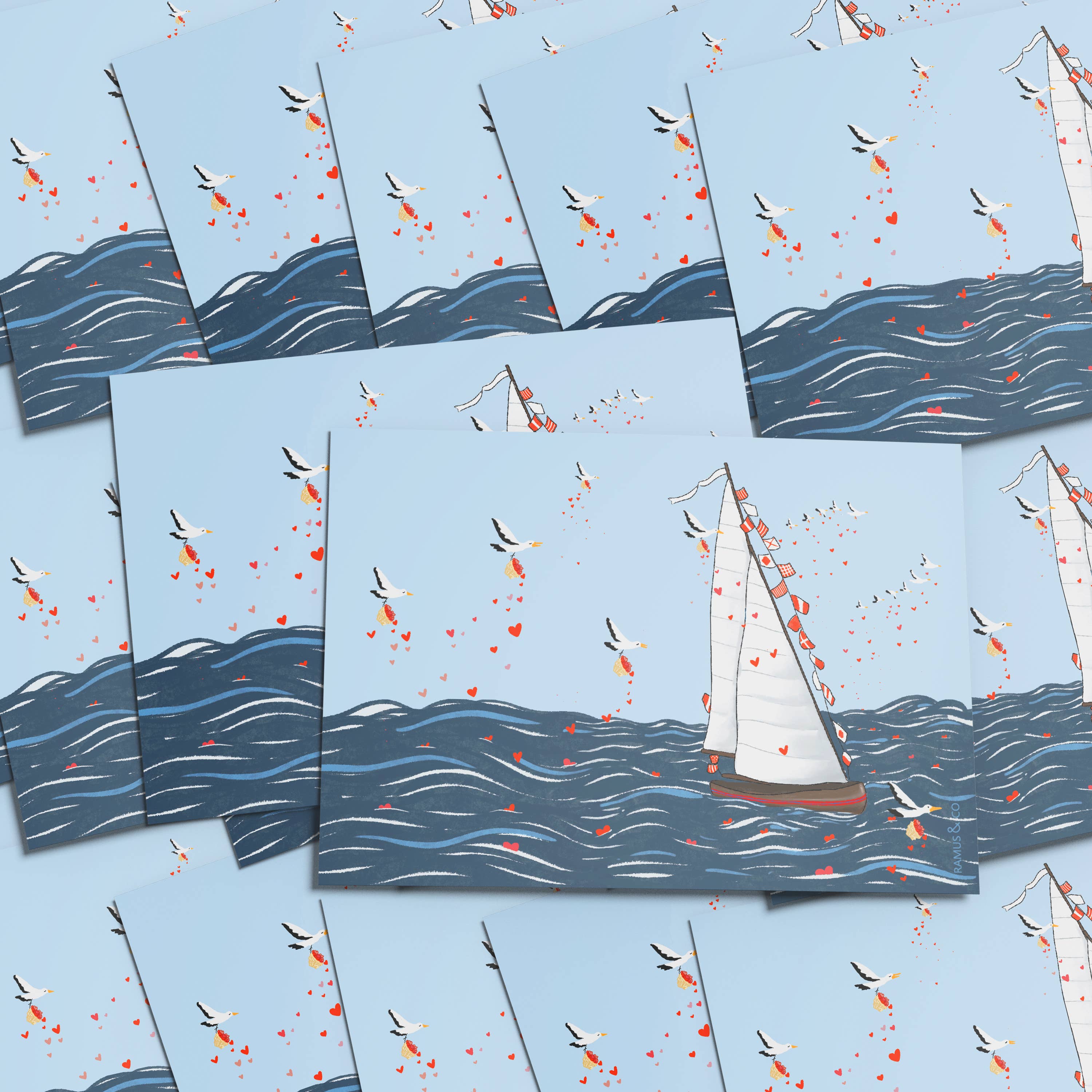 Ramus & Co. - Wholesale Postcard Set - Seagulls Sailboat Love Postcard Set of 82