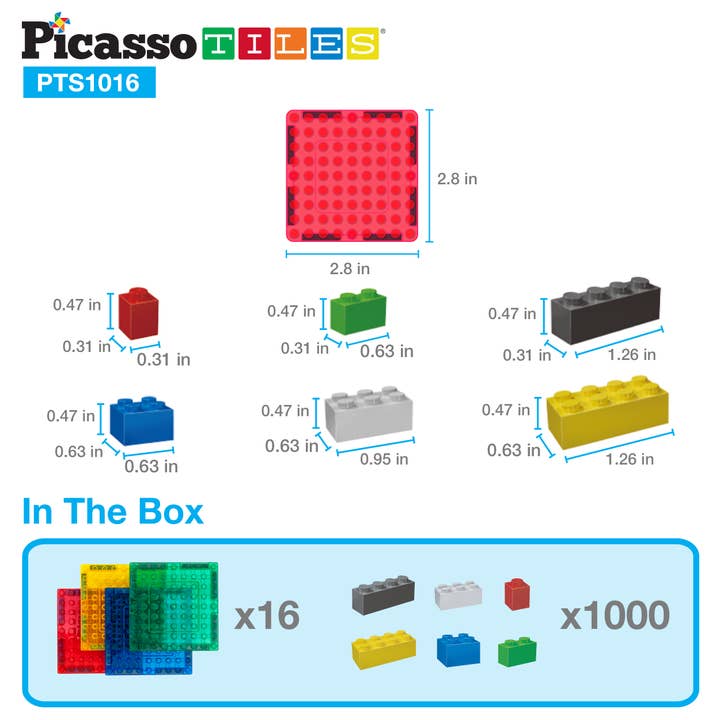 PicassoTiles - Wholesale Building Set - Kids - 1016 Piece Magnetic Brick Tiles & Bricks