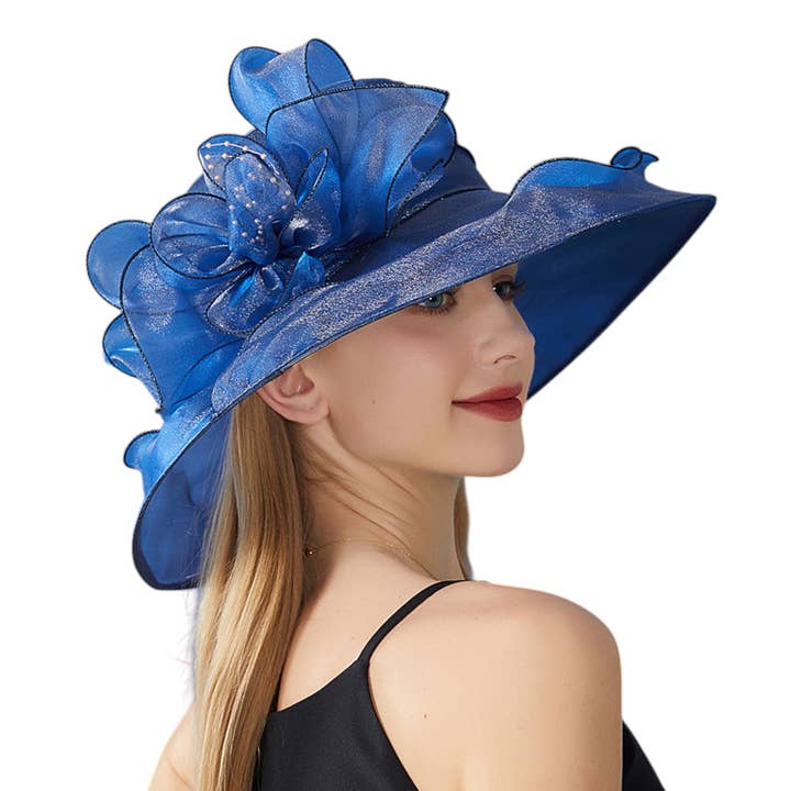 AK Brand - Wholesale Fascinator Hat - Women's - Wide Brim Organza Dress Hat with Sheer Ribbon Floral Design5