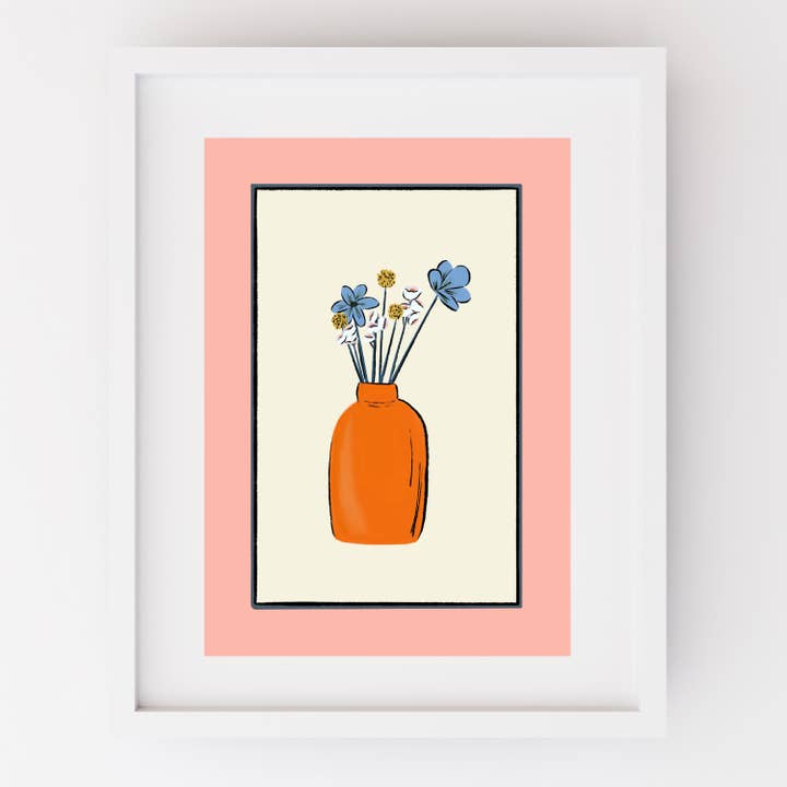 Bold pink & red Scandi flower vase art print for wholesale by Amanda Clarke Illustration