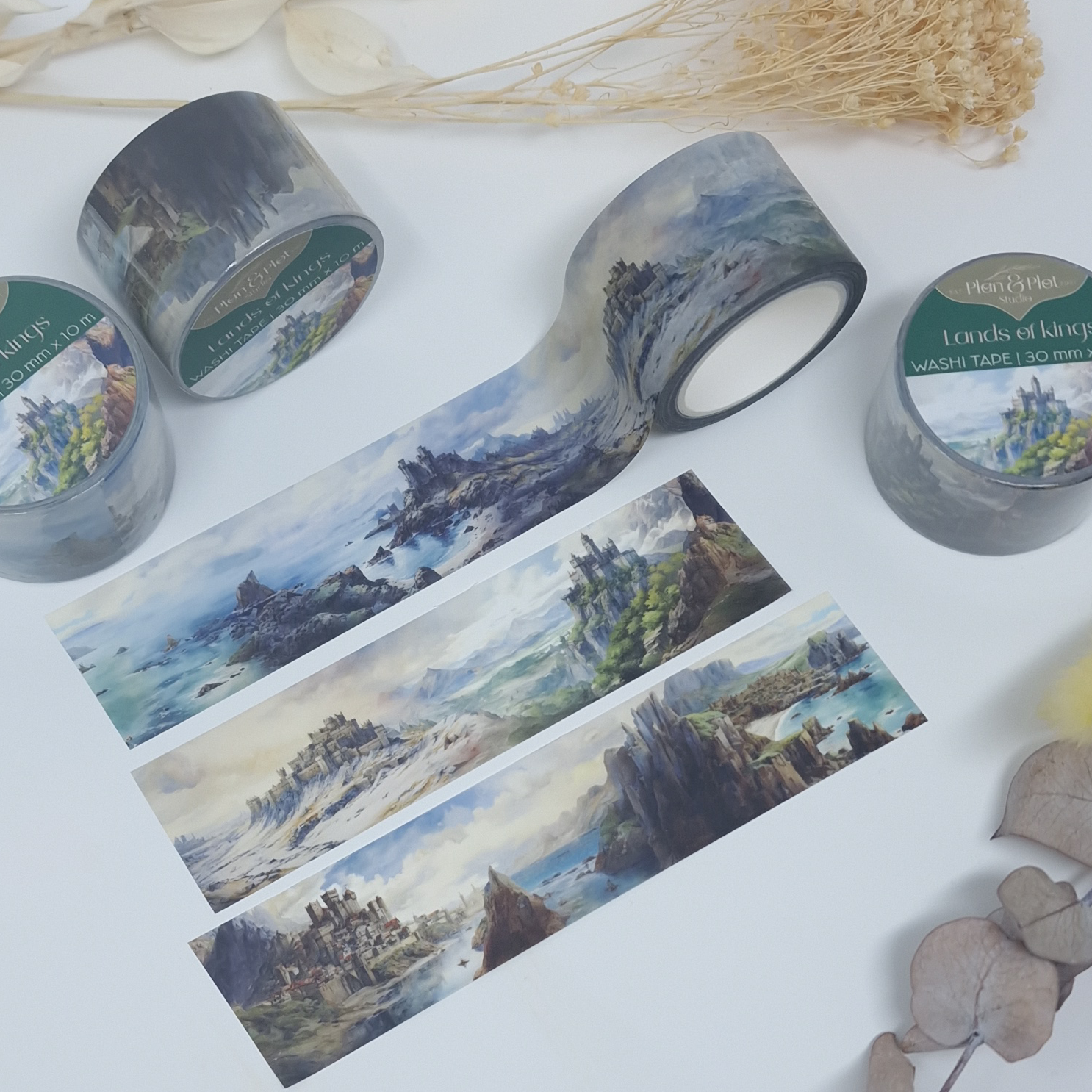 Plan & Plot Studio - Vente Rubans adhésifs Washi - Washi tape « Lands of Kings » avec paysages et châteaux médiévaux4