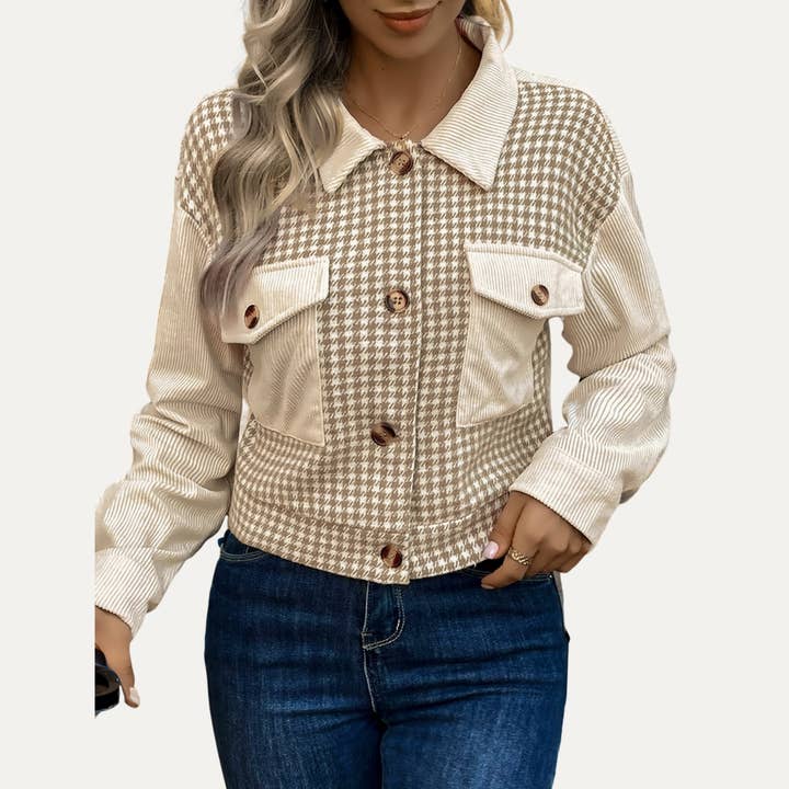 Beige Multi Popular Corduroy Houndstooth Splicing Button-Up Crop Jacket for wholesale on Faire7