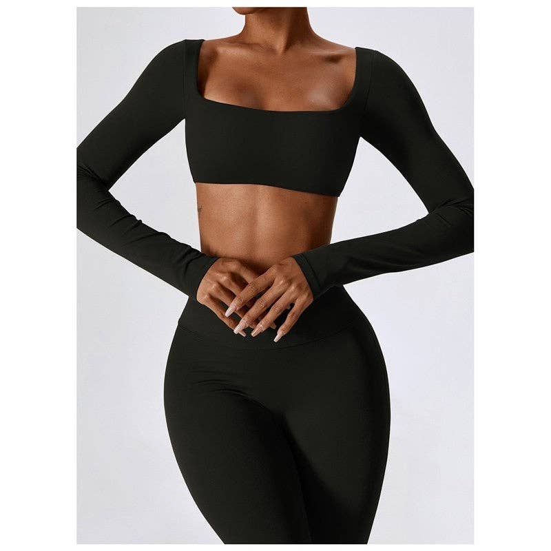 FurDecoration - Wholesale Activewear Set - Women's - Solid Color Square Neck Long Sleeve Cropped Top and Skinny Pants Set1