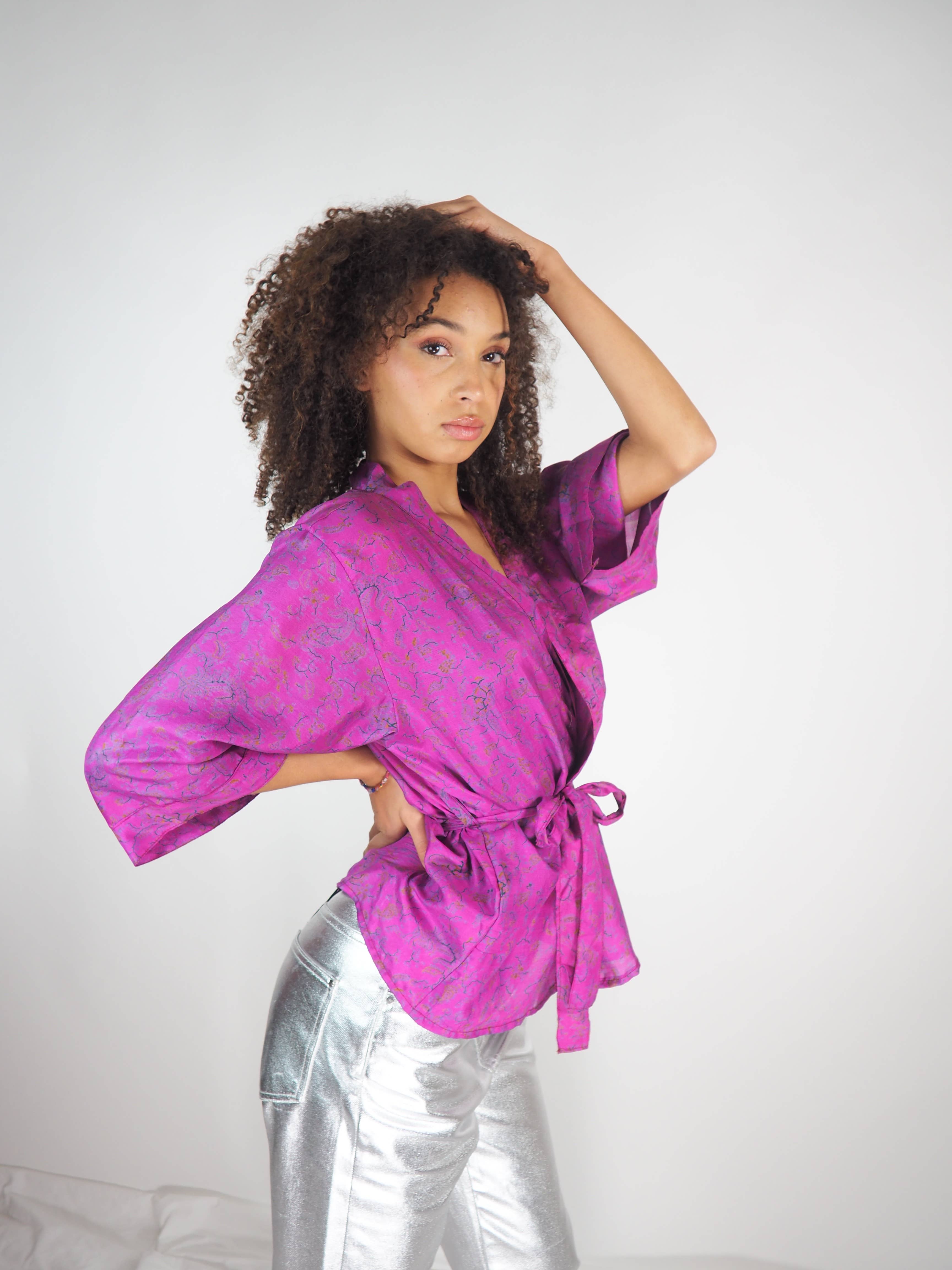 Vagabond Ibiza - Wholesale Kimono - Women's - The Kardash Kimono Short – Up-cycled Vintage Sari Kimono 2