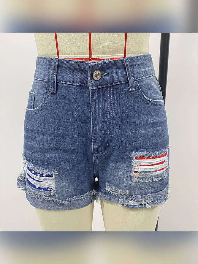 Blue US Flag Independence Day Patchwork Ripped Denim Shorts for wholesale on Faire2