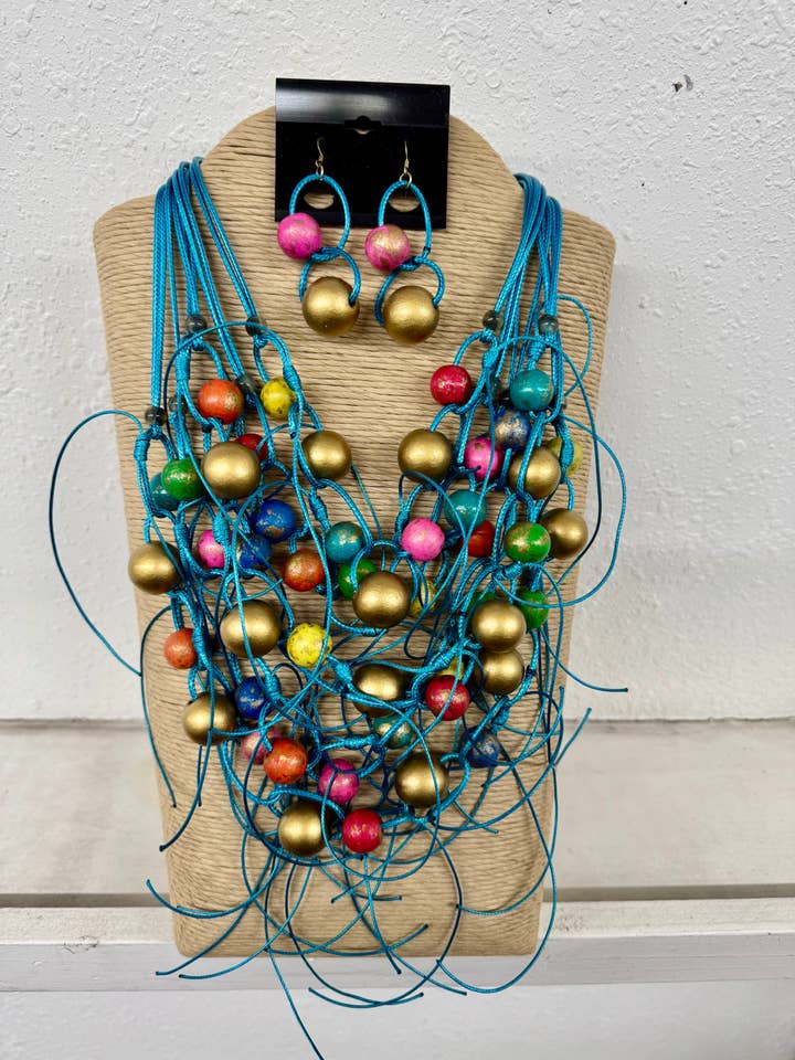 10 STRANDS TURQUOISE WAX CORD WITH MULTI COLOR WOOD BALLS WI for wholesale by International Duru's