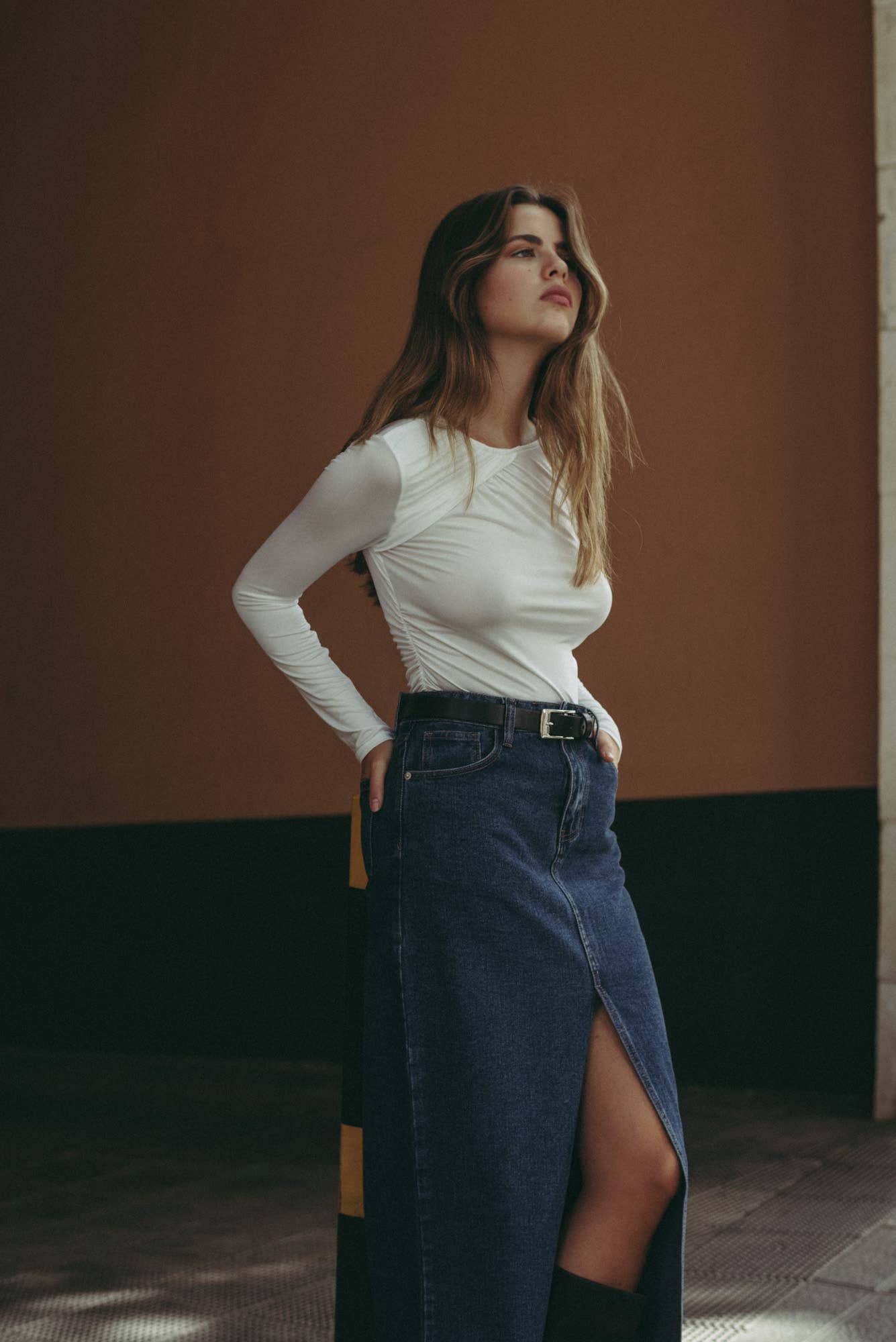 TEXAN LONG DENIM SKIRT WITH SLIT for wholesale on Faire1