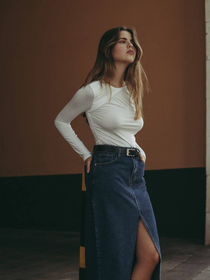 TEXAN LONG DENIM SKIRT WITH SLIT for wholesale on Faire1