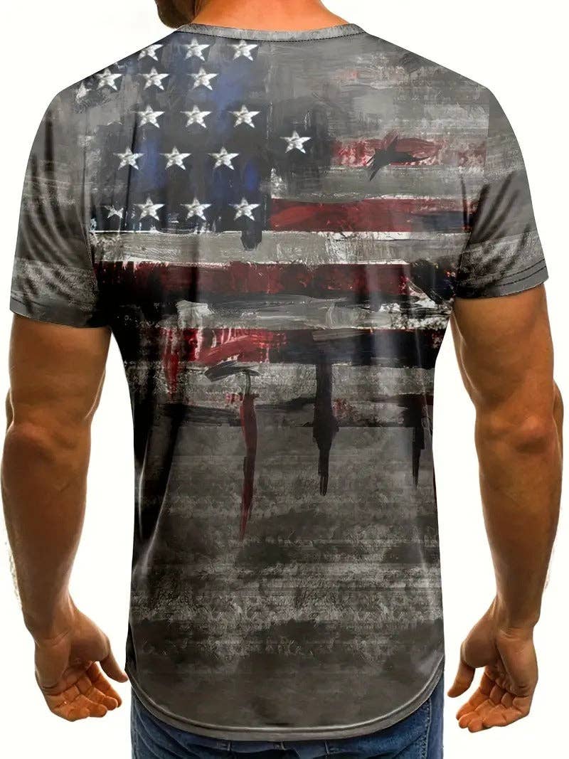 Grey American Flag Paint Print Short Sleeve T-Shirt for wholesale on Faire1