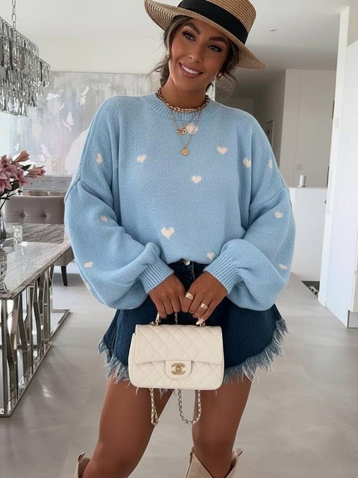 Merika 'Heart' Printed Knitted Jumper Sweater-Blue for wholesale by Catwalk Wholesale