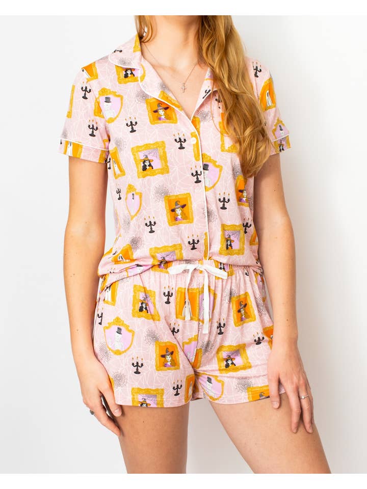 The Royal Standard - Wholesale Sleepwear Top - Women's - Gilded Ghouls Short Sleeve Button Up Sleep Shirt Light Pink/Multi -Asst.