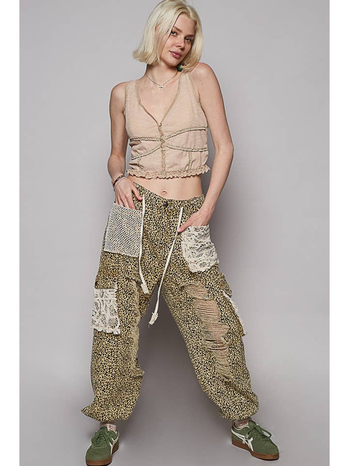 Pol Clothing - Wholesale Pants - Women's - Vintage Wash Crochet Patches Distress Jogger Pants SALE39