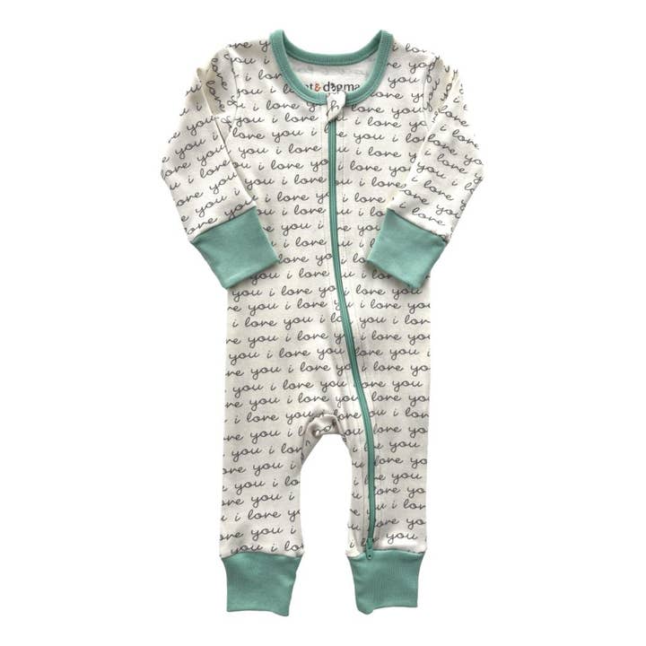 GOTS Certified Organic Cotton Zippy - I Love You (Mint) for wholesale by Cat & Dogma