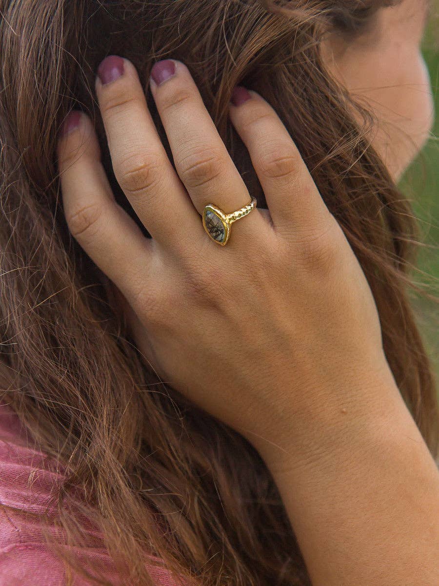 Fair Anita - Wholesale Cocktail/Statement Ring - Almond Black Rutile Ring - Brass3