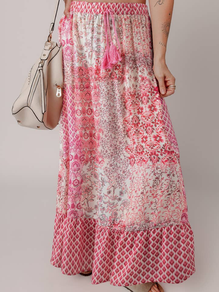 Red Boho Pattern Print Tassel Drawstring High Waist Maxi Dress for wholesale on Faire