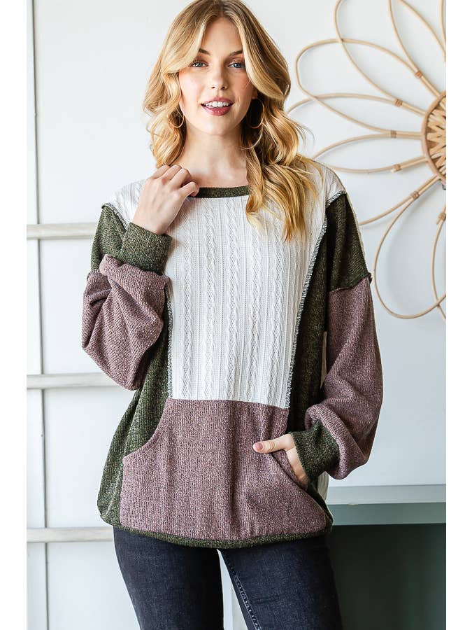 7th Ray - Wholesale Sweatshirt - Women's - Color Block Front Pocket Drop Shoulder Banded Hem Top T5348