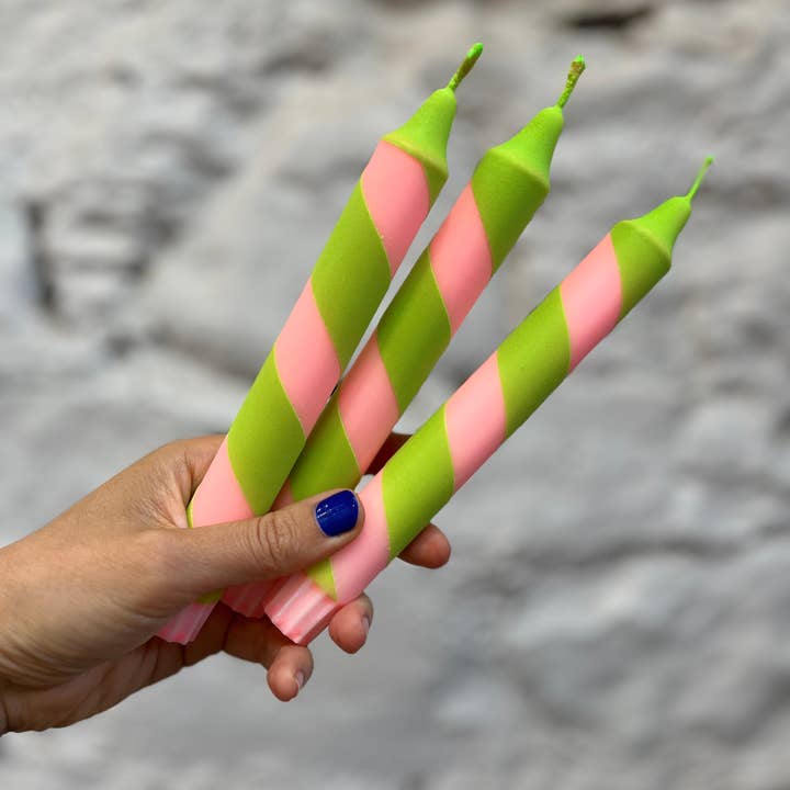 True North Chandlers - Candles - Wholesale Tapered Candle/Candlestick - Peach & Neon Green Helter Skelter Dinner Candle