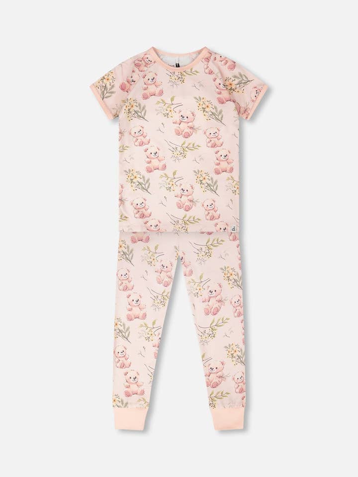 Conjunto de pijama de dos piezas de algodón orgánico con estampado de oso rosa pálido para venta al por mayor de Deux par Deux