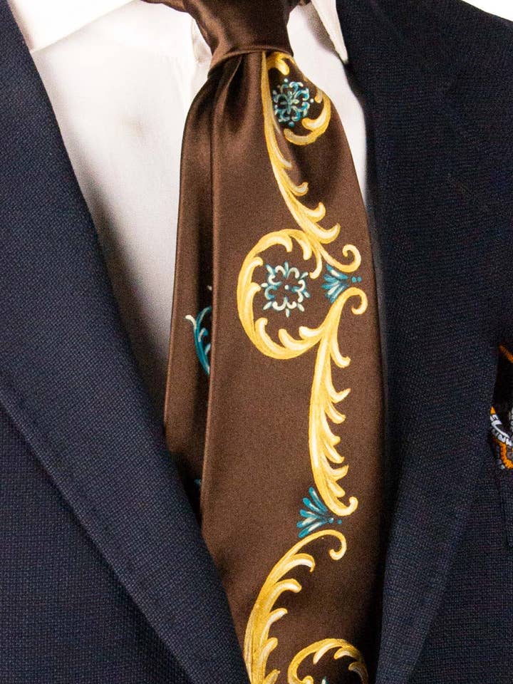 Cravatta Siciliana Marrone Dipinta a Mano GP85 per la vendita all'ingrosso da parte di Graffeo Cravatte