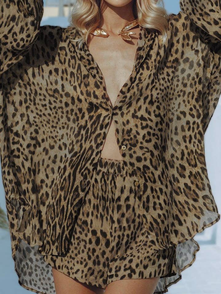 LEOPARD CWSPJ0073_LEOPARD PRINT LONG SLEEVE SHIRT SHORTS PAJAMAS SET for wholesale on Faire2