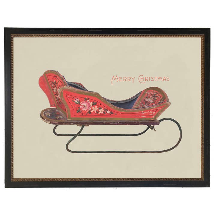Framed vintage Christmas sleigh postcard for wholesale by Antique Curiosities Inc