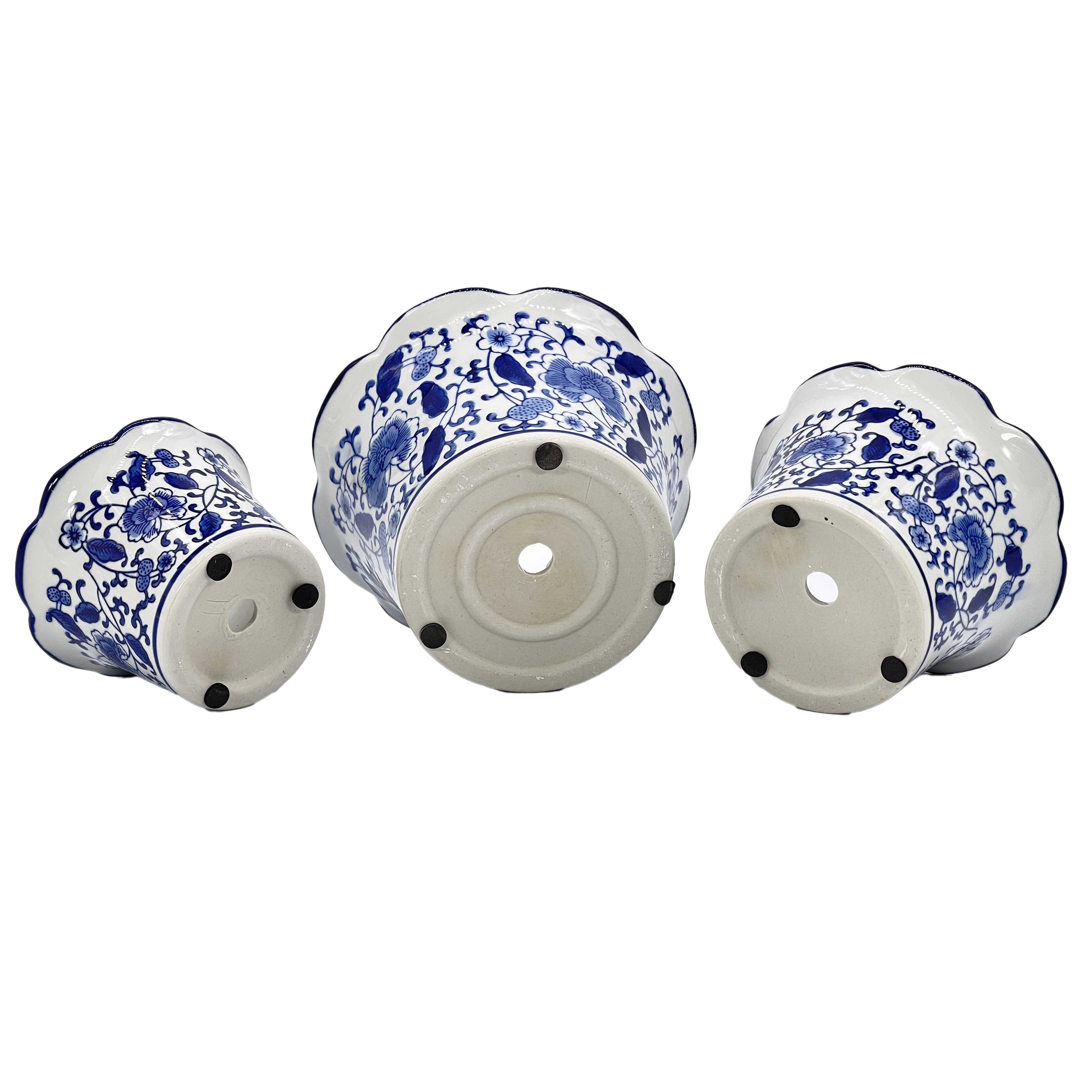 Galt International Company – wholesale Plant pot – Set of 3 Blue & White Floral Ceramic Pots Ruffled Lip Style213