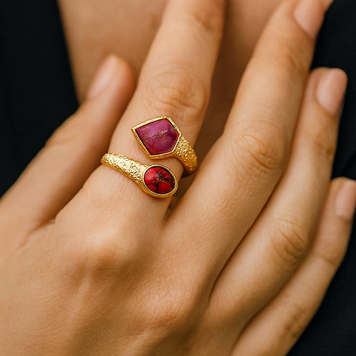 El Joyero - Wholesale Multi-stone ring - Dual Stone Ruby Mohave Jade Texture Band Adjustable Ring