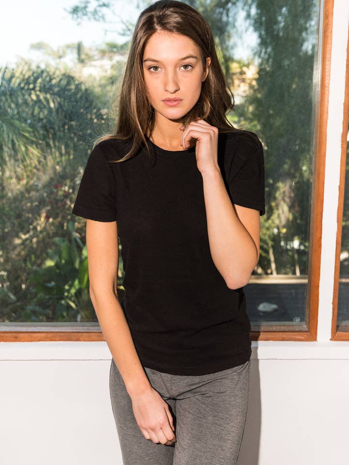 WOMEN'S LINEN BLEND WIDE NECK TEE - BLACK for wholesale by Mika Jaymes