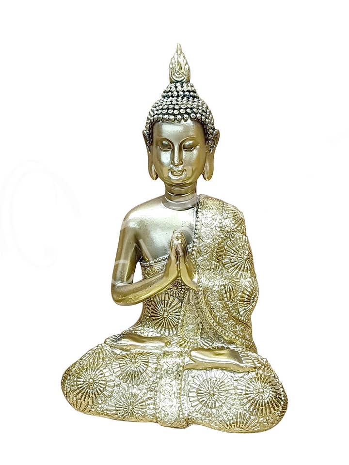 STATUE - BUDDHA, GOLD ANTIQUE IN PRAYER 5.90"L X 9.05"H for wholesale by Oceanic Linkways Inc