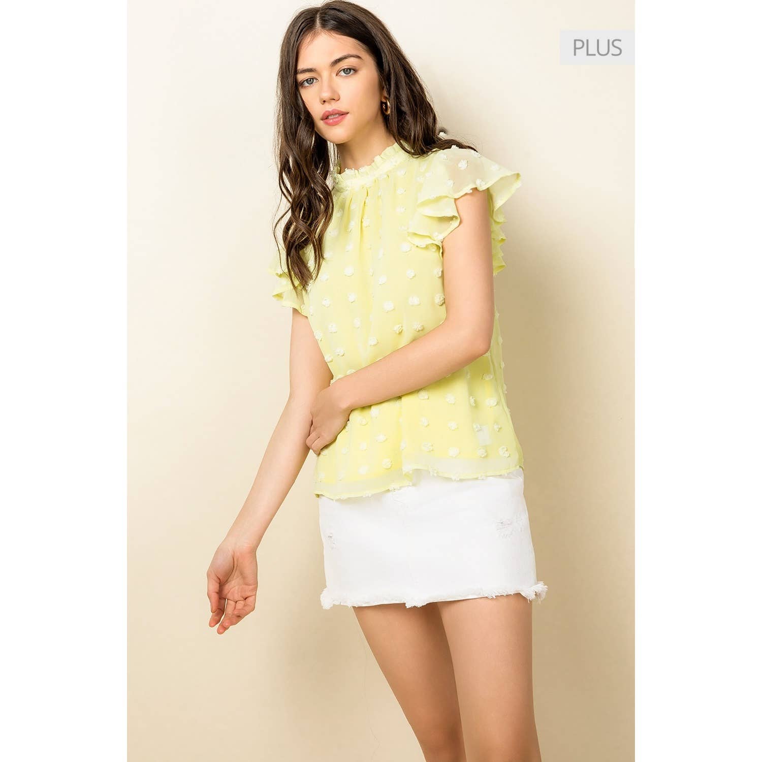 YELLOW /Size XL/ Romantic Pom Dot Top Featuring Draped Flutter Slee for wholesale on Faire1