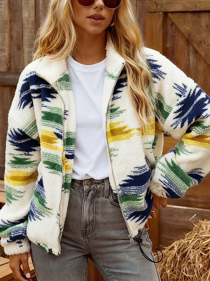 Green Vintage Aztec Printed Sherpa Plush Jacket for wholesale on Faire