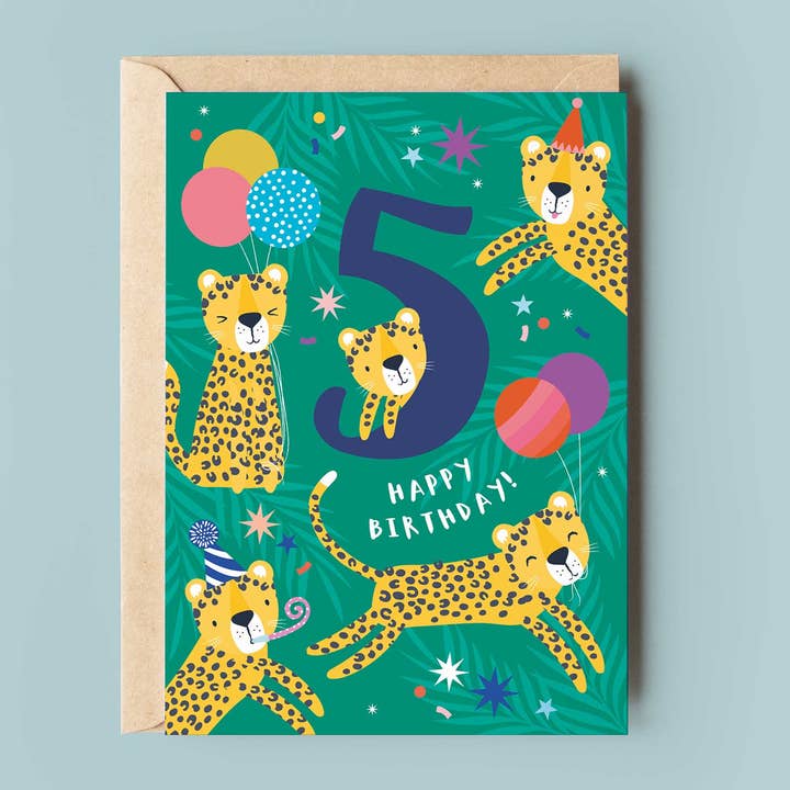 Cute Age 5 Leopard Birthday card for wholesale by Klara Hawkins