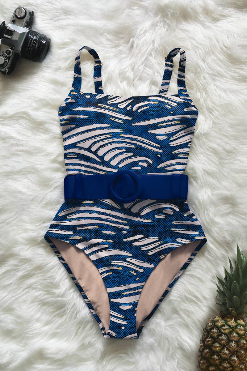 Polka Waves on Blue Alaska Belted One-Piece for wholesale on Faire1